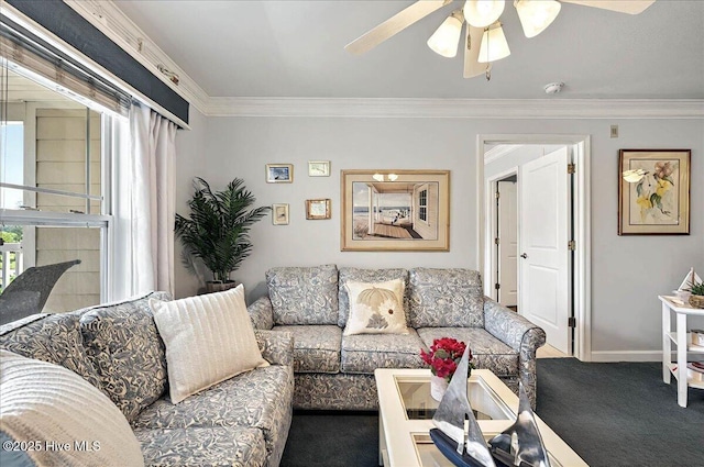 260 S Crow Creek Dr NW Lot 18, Calabash, NC 28467 - carpeted living room featuring crown molding, baseboards, and ceiling fan