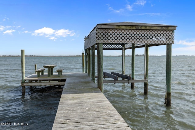 view of dock with a water view and boat lift