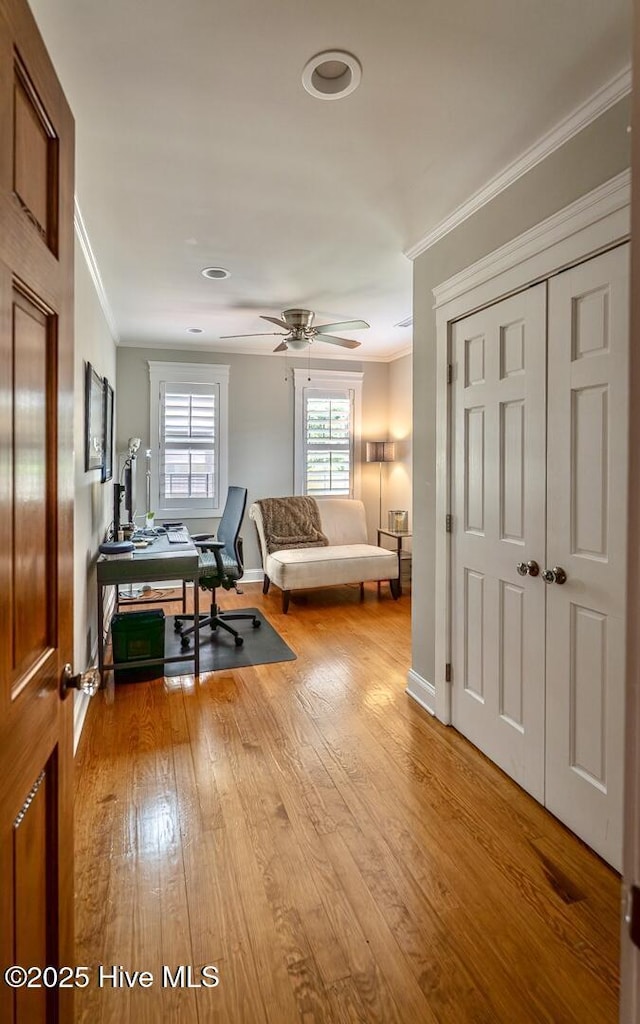 2111 Gibson Ave, Wilmington, NC 28403 - office space featuring crown molding, a ceiling fan, baseboards, and wood finished floors