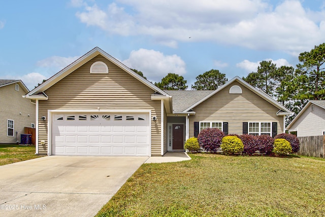 ranch-style house with an attached garage, a front yard, and concrete driveway