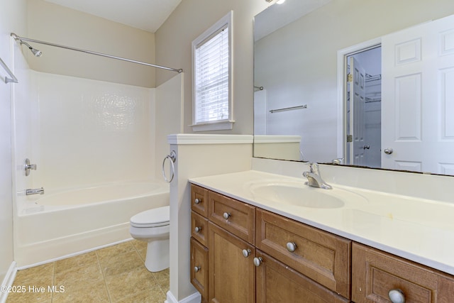 bathroom with tub / shower combination, tile patterned flooring, vanity, and toilet