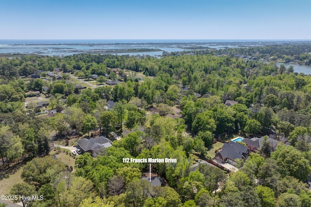 birds eye view of property with a water view and a forest view