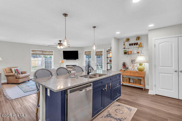 kitchen featuring a sink, open floor plan, blue cabinetry, dishwasher, and wood finished floors
