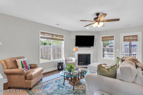 living area with ceiling fan, a wealth of natural light, wood finished floors, and a glass covered fireplace