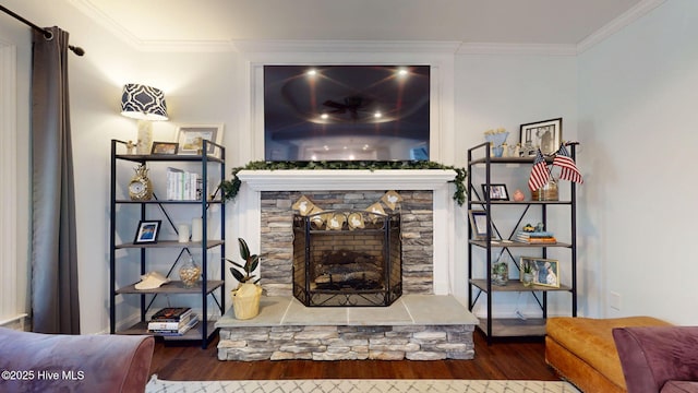 2417 Turtle Bay Dr, New Bern, NC 28562 - living area with baseboards, ornamental molding, wood finished floors, and a fireplace