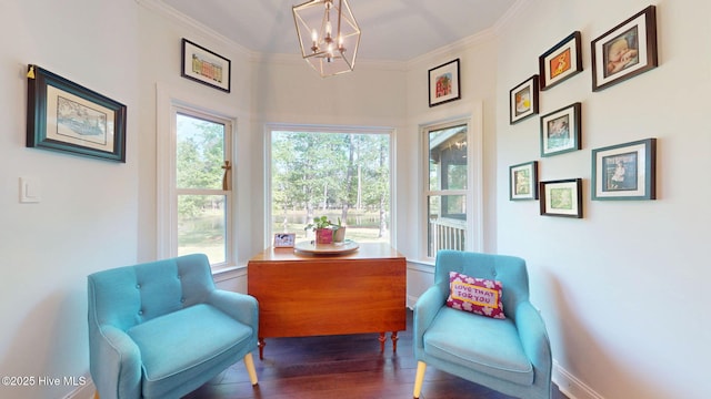 2417 Turtle Bay Dr, New Bern, NC 28562 - sitting room with an inviting chandelier, ornamental molding, and wood finished floors