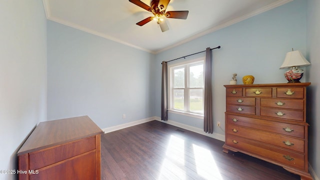 2417 Turtle Bay Dr, New Bern, NC 28562 - bedroom with visible vents, ornamental molding, baseboards, ceiling fan, and dark wood-style floors