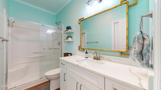 2417 Turtle Bay Dr, New Bern, NC 28562 - full bath featuring crown molding, vanity, toilet, a shower stall, and wood finished floors