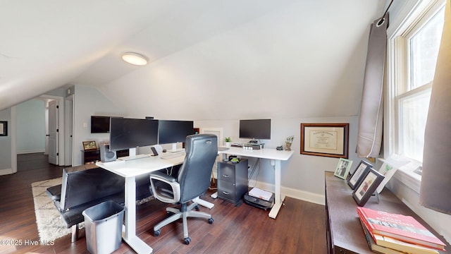 2417 Turtle Bay Dr, New Bern, NC 28562 - home office featuring baseboards, wood finished floors, and vaulted ceiling