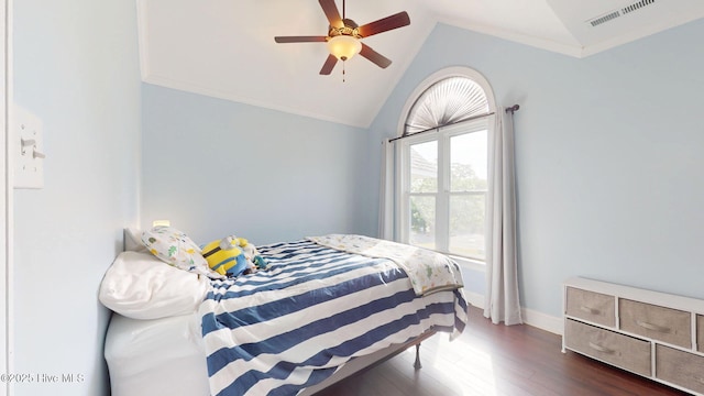 2417 Turtle Bay Dr, New Bern, NC 28562 - bedroom featuring ceiling fan, dark wood-style flooring, visible vents, vaulted ceiling, and baseboards