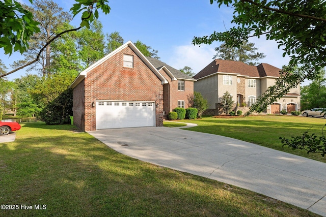 2417 Turtle Bay Dr, New Bern, NC 28562 - traditional-style house with concrete driveway, brick siding, a front yard, and a garage