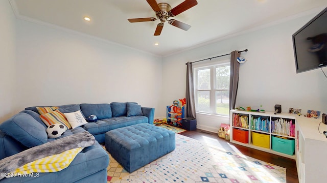2417 Turtle Bay Dr, New Bern, NC 28562 - recreation room with recessed lighting, a ceiling fan, light wood-style flooring, and ornamental molding