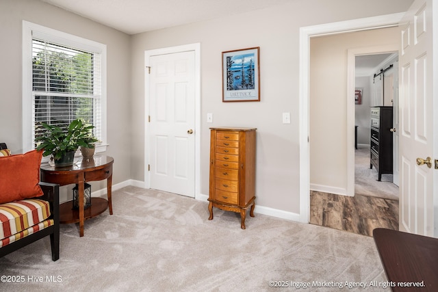 869 Driftwood Dr, Greenville, NC 27858 - sitting room with a barn door, baseboards, and carpet flooring