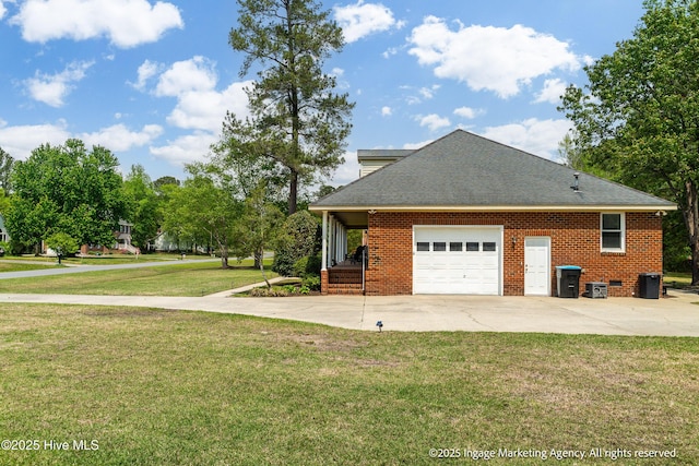869 Driftwood Dr, Greenville, NC 27858 - view of side of property featuring concrete driveway, a lawn, roof with shingles, a garage, and brick siding