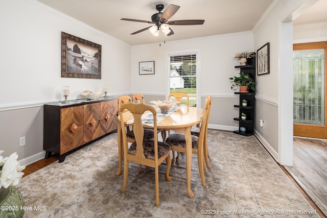 869 Driftwood Dr, Greenville, NC 27858 - dining space with crown molding, ceiling fan, and light wood-type flooring