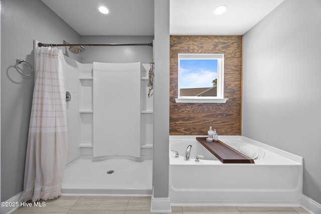 full bath with a garden tub, baseboards, a shower stall, and recessed lighting