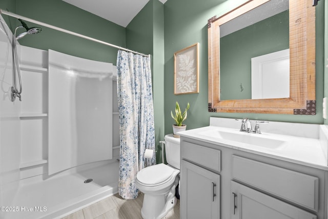 bathroom with a shower stall, vanity, and toilet