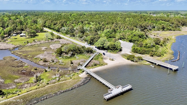 drone / aerial view with a water view and a forest view