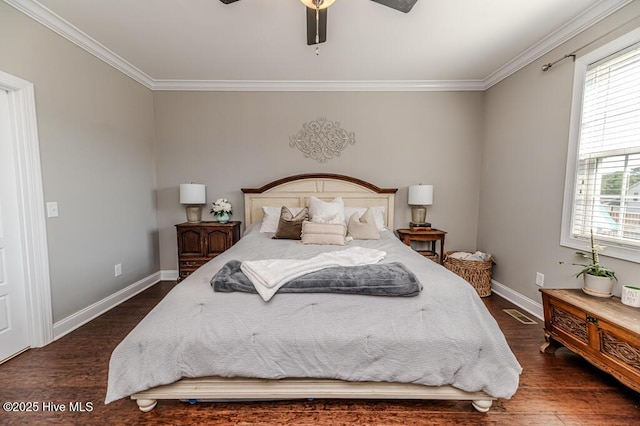 22 Calhoun Ln, Pinehurst, NC 28374 - bedroom featuring dark wood-style floors, ornamental molding, baseboards, and a ceiling fan