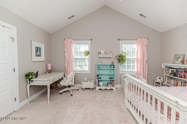 22 Calhoun Ln, Pinehurst, NC 28374 - bedroom with vaulted ceiling, carpet flooring, and baseboards