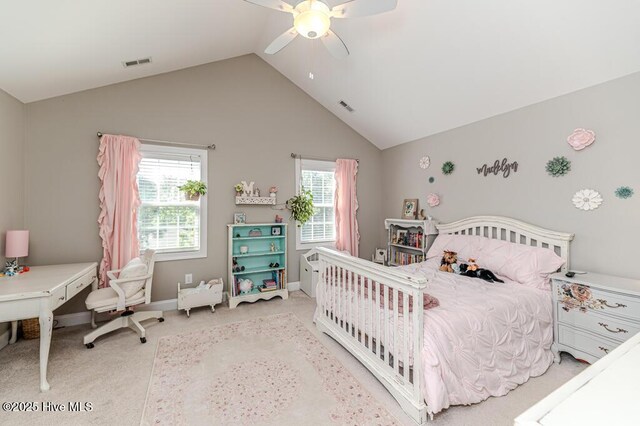 22 Calhoun Ln, Pinehurst, NC 28374 - carpeted bedroom with lofted ceiling, multiple windows, ceiling fan, and baseboards