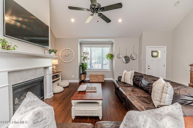 22 Calhoun Ln, Pinehurst, NC 28374 - living area with a ceiling fan, a tile fireplace, wood finished floors, recessed lighting, and baseboards
