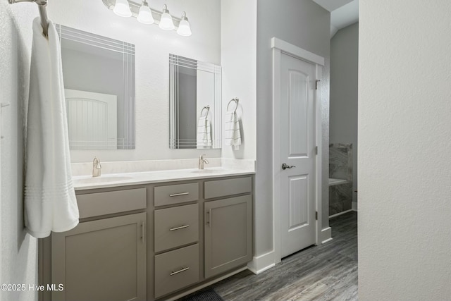 144 Pelican Pointe Dr, Elizabeth City, NC 27909 - bathroom featuring wood finished floors, double vanity, and a sink