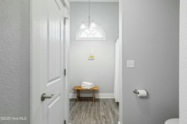 144 Pelican Pointe Dr, Elizabeth City, NC 27909 - doorway with wood finished floors, a chandelier, and baseboards