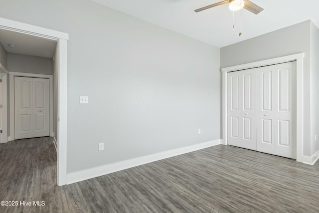 144 Pelican Pointe Dr, Elizabeth City, NC 27909 - unfurnished bedroom with wood finished floors, ceiling fan, a closet, and baseboards