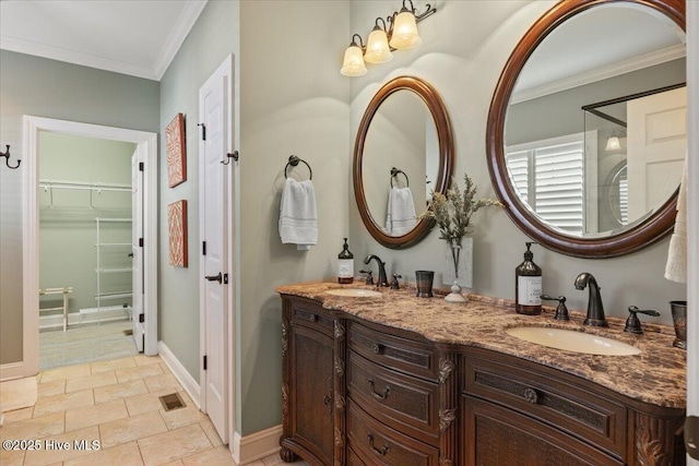 1 Gatha Ln, Ocean Isle Beach, NC 28469 - full bath with visible vents, a sink, double vanity, and ornamental molding