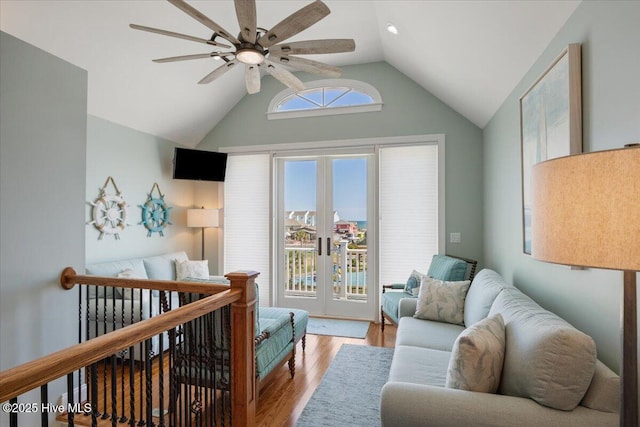 1 Gatha Ln, Ocean Isle Beach, NC 28469 - interior space with vaulted ceiling, ceiling fan, french doors, and light wood-type flooring