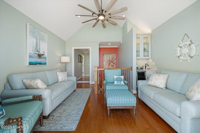 1 Gatha Ln, Ocean Isle Beach, NC 28469 - living room with baseboards, ceiling fan, wood finished floors, and lofted ceiling