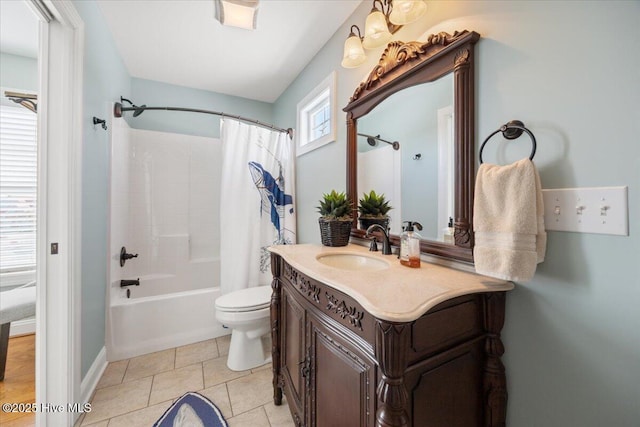 1 Gatha Ln, Ocean Isle Beach, NC 28469 - full bathroom with baseboards, vanity, tile patterned floors, toilet, and shower / bath combo with shower curtain