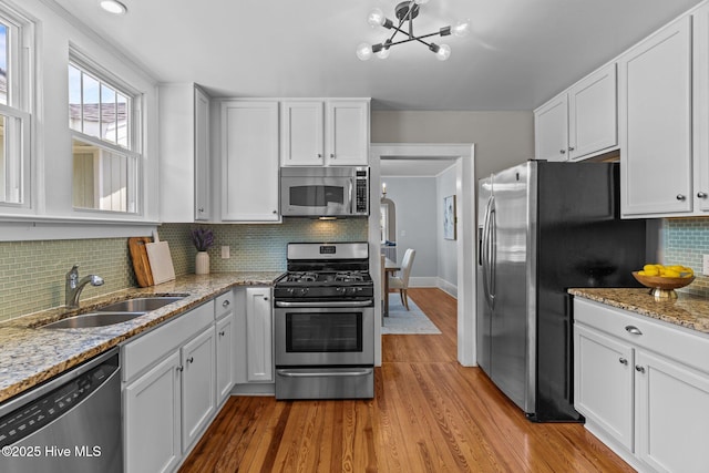 kitchen featuring decorative backsplash, appliances with stainless steel finishes, wood finished floors, a sink, and white cabinetry