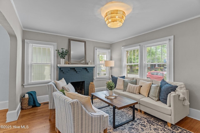 living room with crown molding, baseboards, wood finished floors, and a fireplace
