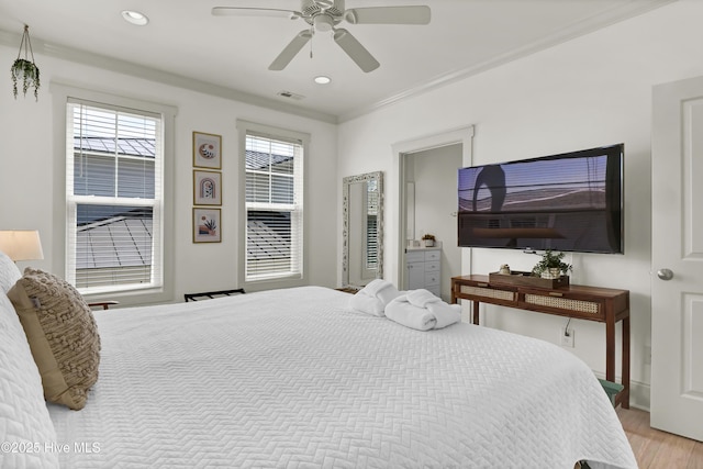 bedroom featuring recessed lighting, ceiling fan, visible vents, and wood finished floors