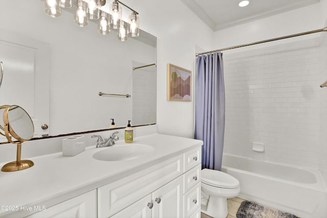 bathroom featuring shower / bath combo, vanity, tile patterned floors, toilet, and ornamental molding