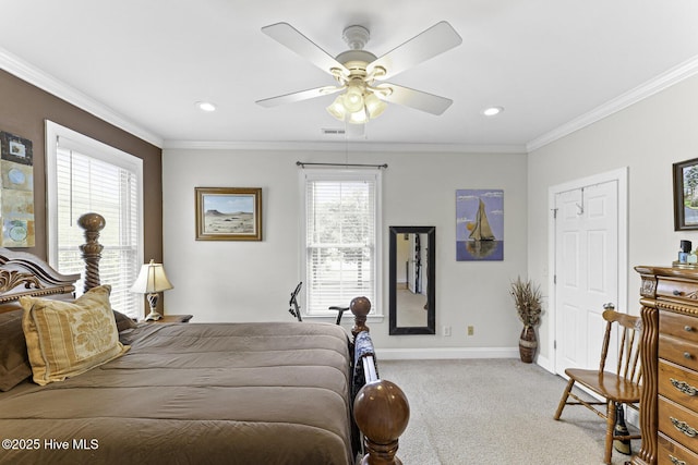 carpeted bedroom with baseboards, recessed lighting, ornamental molding, and visible vents