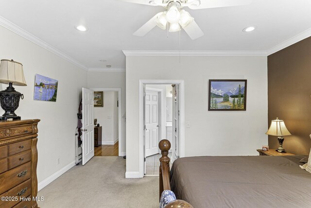 carpeted bedroom with baseboards, recessed lighting, ornamental molding, and visible vents