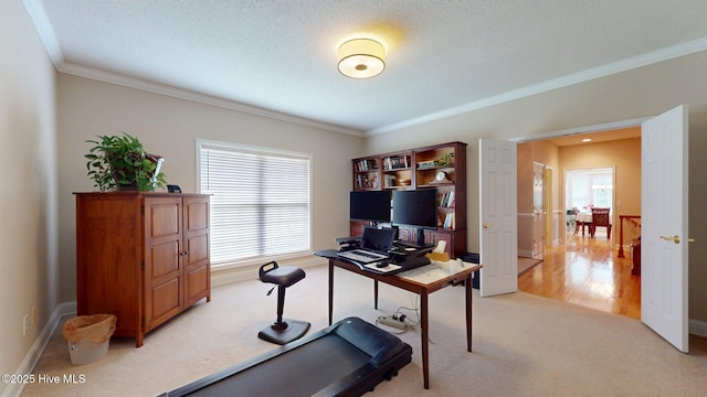 office with crown molding, baseboards, and light carpet