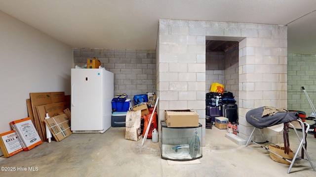 below grade area featuring concrete block wall and freestanding refrigerator