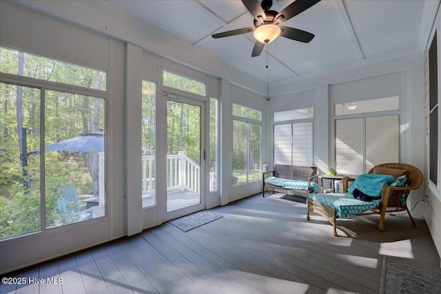 sunroom with ceiling fan, ornamental molding, a deck, and hardwood / wood-style floors