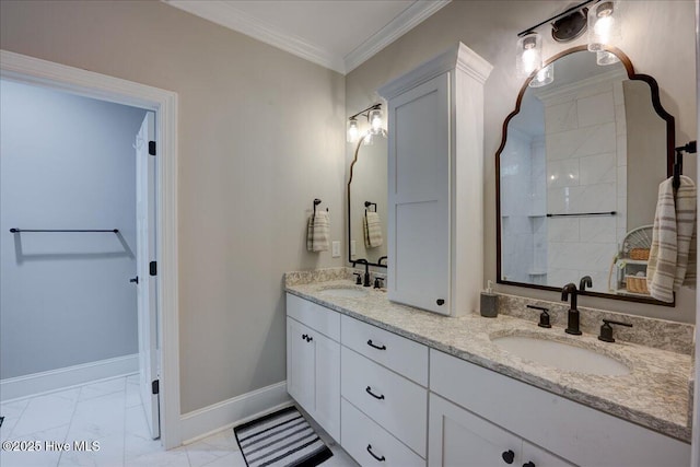 bathroom with baseboards, a sink, marble finish floor, and double vanity