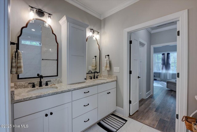 bathroom with double vanity, baseboards, a healthy amount of sunlight, and a sink
