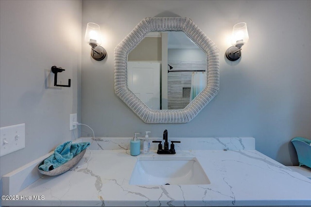 full bath featuring a shower with curtain and vanity