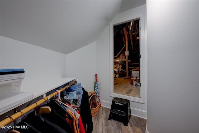 spacious closet with vaulted ceiling and wood finished floors