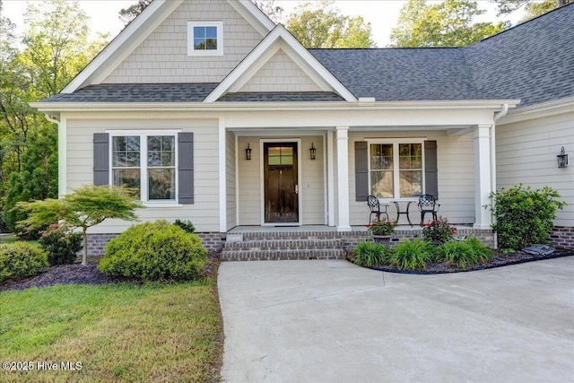 view of front facade with covered porch and roof with shingles