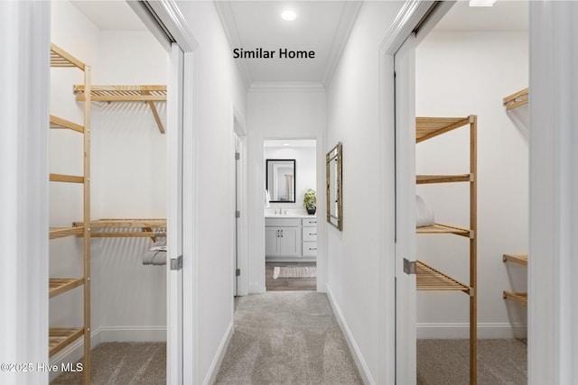 hallway with a sink, baseboards, carpet, and ornamental molding