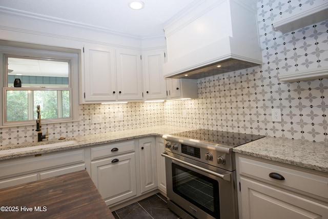 kitchen with stainless steel range, a sink, white cabinetry, tasteful backsplash, and custom exhaust hood
