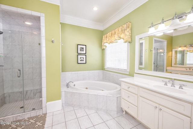 full bath with crown molding, tile patterned flooring, a stall shower, vanity, and a whirlpool tub